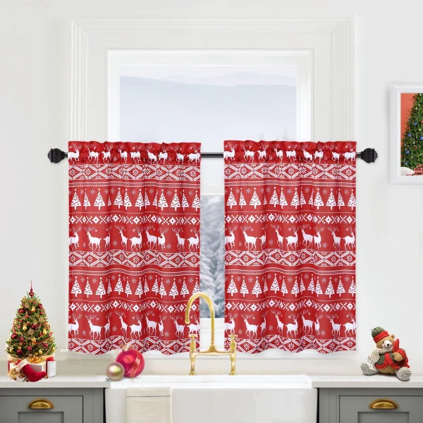 ZACOO 26"Wx24"L Red Christmas Kitchen Curtains Xmas Tree and Deer Pattern Bathroom Window Curtain Boho Style Half Window Curtains Light Filtering, Set of 2