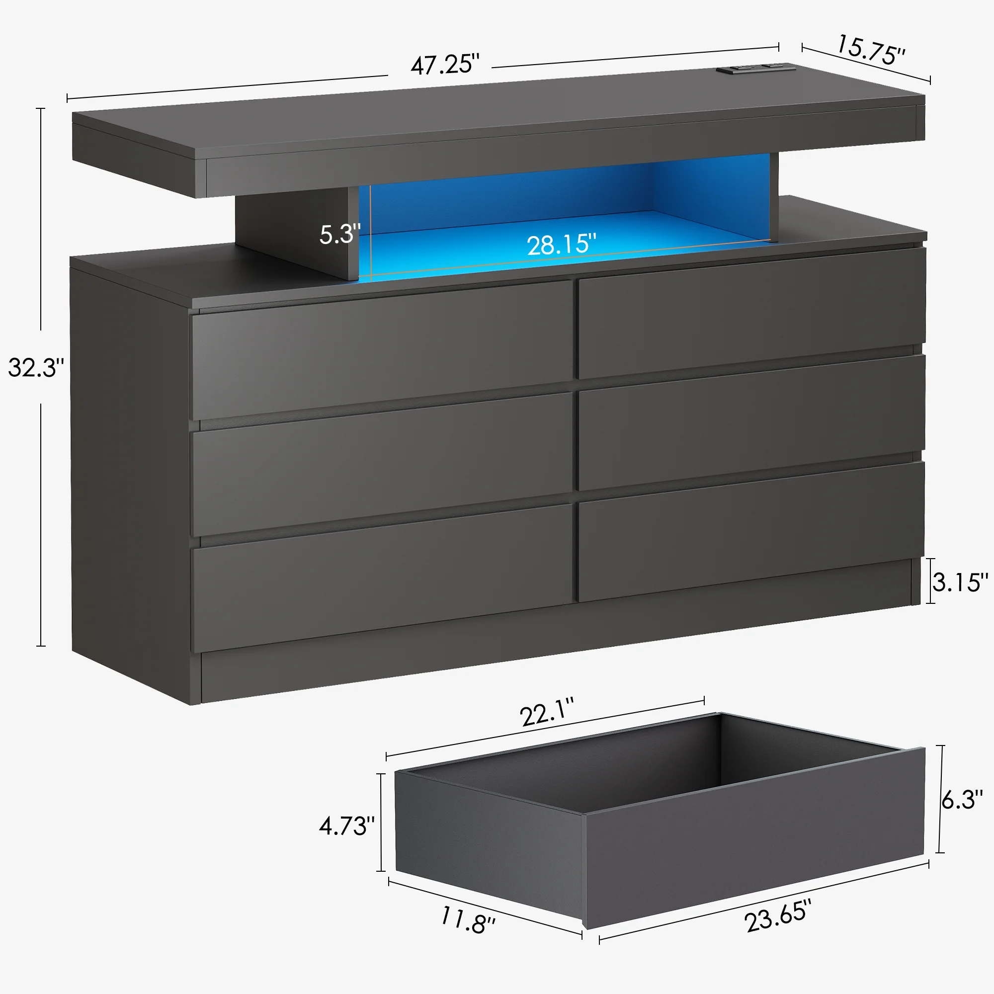 BEWISHOME Black 6-Drawer Dresser with LED Lights & Charging Station -C Modern Wood Storage Cabinet with Open Shelge Cabinet with Open Shelf, USB Ports & Outlets -C 47.24" Bedroom & Living Room TV Stand