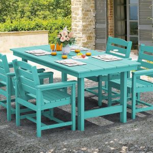 SERWALL 7-Piece Patio Table Set, Outdoor HDPE Dining Furniture with Umbrella Hole, All Weather Table and Chairs for Lawn, Garden, Poolside, Aruba
