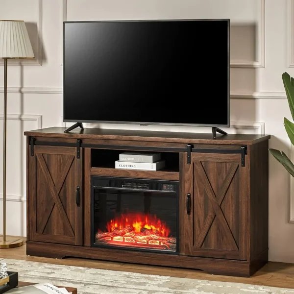 AMERLIFE Fireplace TV Stand with Sliding Barn Door for TVs up to 73", Farmhouse 63" Fireplace Entertainment Center with Storage Cabinets/Adjustable Shelves