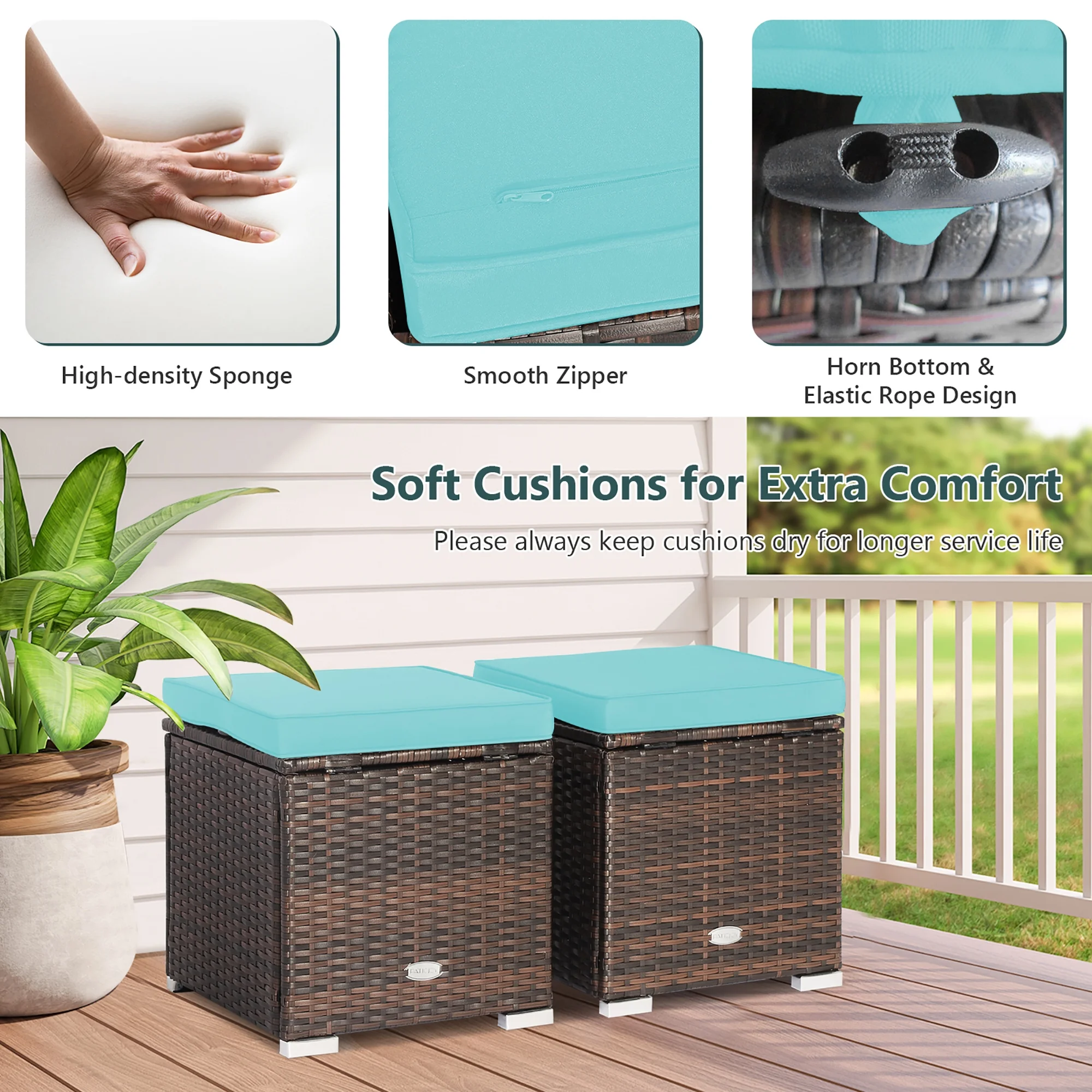 Costway 2PC Patio Rattan Ottoman Seat Side Table Storage Box Footrest Off White