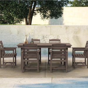 SERWALL 7-Piece Patio Table Set, Outdoor HDPE Dining Furniture with Umbrella Hole, All Weather Table and Chairs for Lawn, Garden, Poolside, Aruba