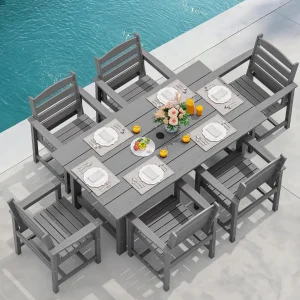 SERWALL 7-Piece Patio Table Set, Outdoor HDPE Dining Furniture with Umbrella Hole, All Weather Table and Chairs for Lawn, Garden, Poolside, Aruba