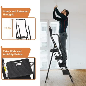 HBTower 4 Step Ladder with Handrails and Tool Bag, Folding Step Stool with Attachable  Anti-Slip Wide Pedal, Black