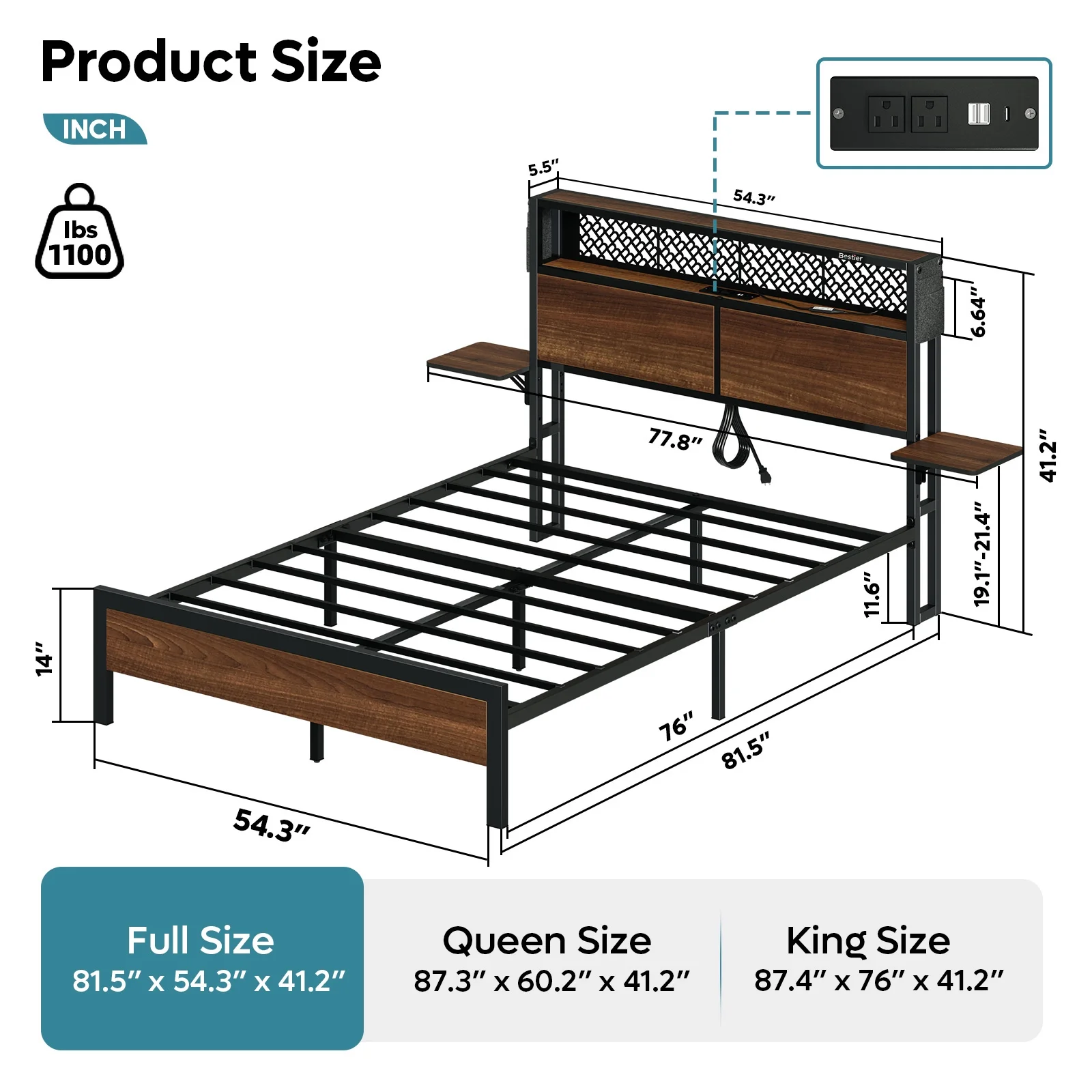Bestier Queen Size Platform Bed Frame with Wood Foldable Bedside Shelves and LED Storage Headboard Charge Station, Gray