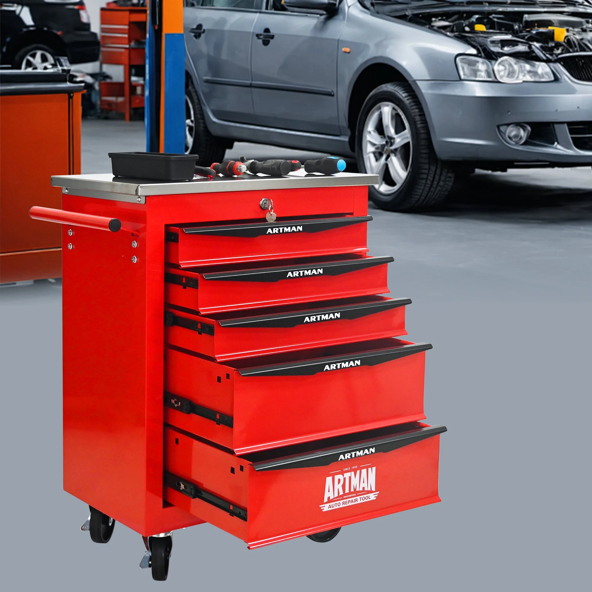 Tool Cabinets 4 Drawers Multifunctional Tool Cart with Wheels,Metal Rolling Tool Cart Storage for Garage Workshop Warehouse Repair Shop--With Stainless Steel Roof- Red&Black,Garage Tool Cabinets