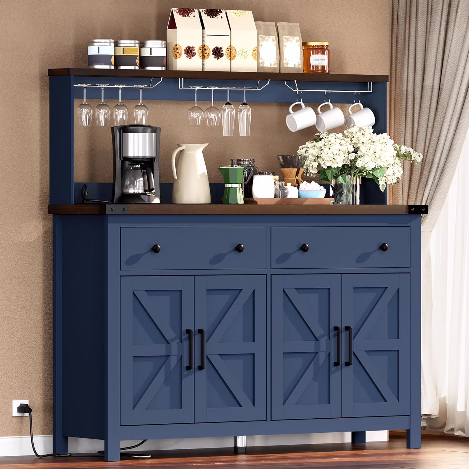 Frmobepts Farmhouse Coffee Bar Cabinet, 60" Tall Bar Cabinet with Drawers & Power Outlet, Sideboard Buffet Cabinet with Storage Barn Door for Kitchen, Dining Room