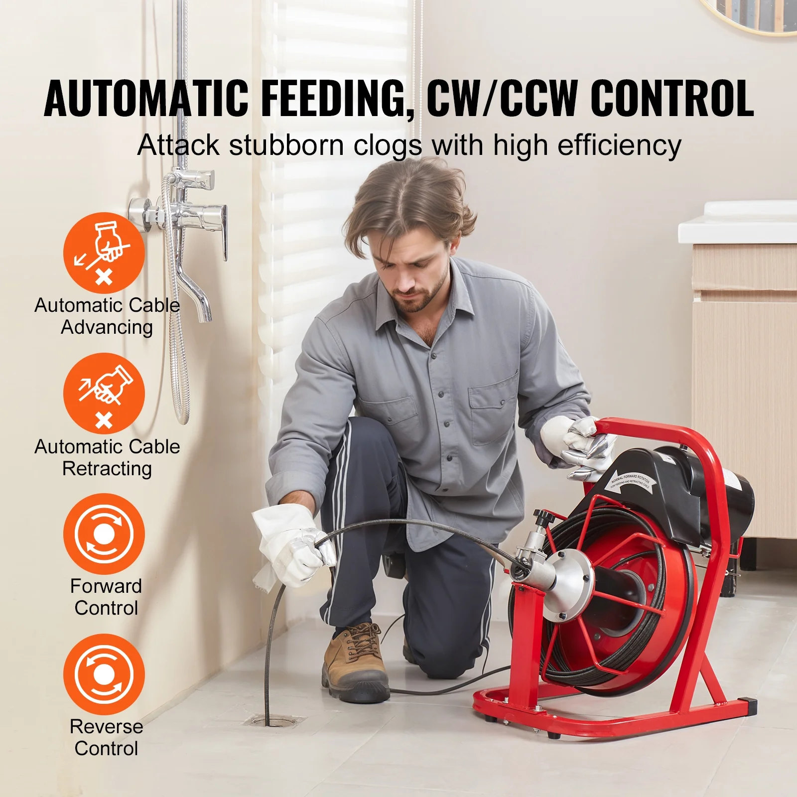 KFFKFF Drain Cleaning Machine, 50FT x 3/8 Inch, 250W Electric Drain Cleaner with Auto Feed, Includes 4 Cutters & Air-activated Foot Switch, Suitable for 2"-4" Pipes