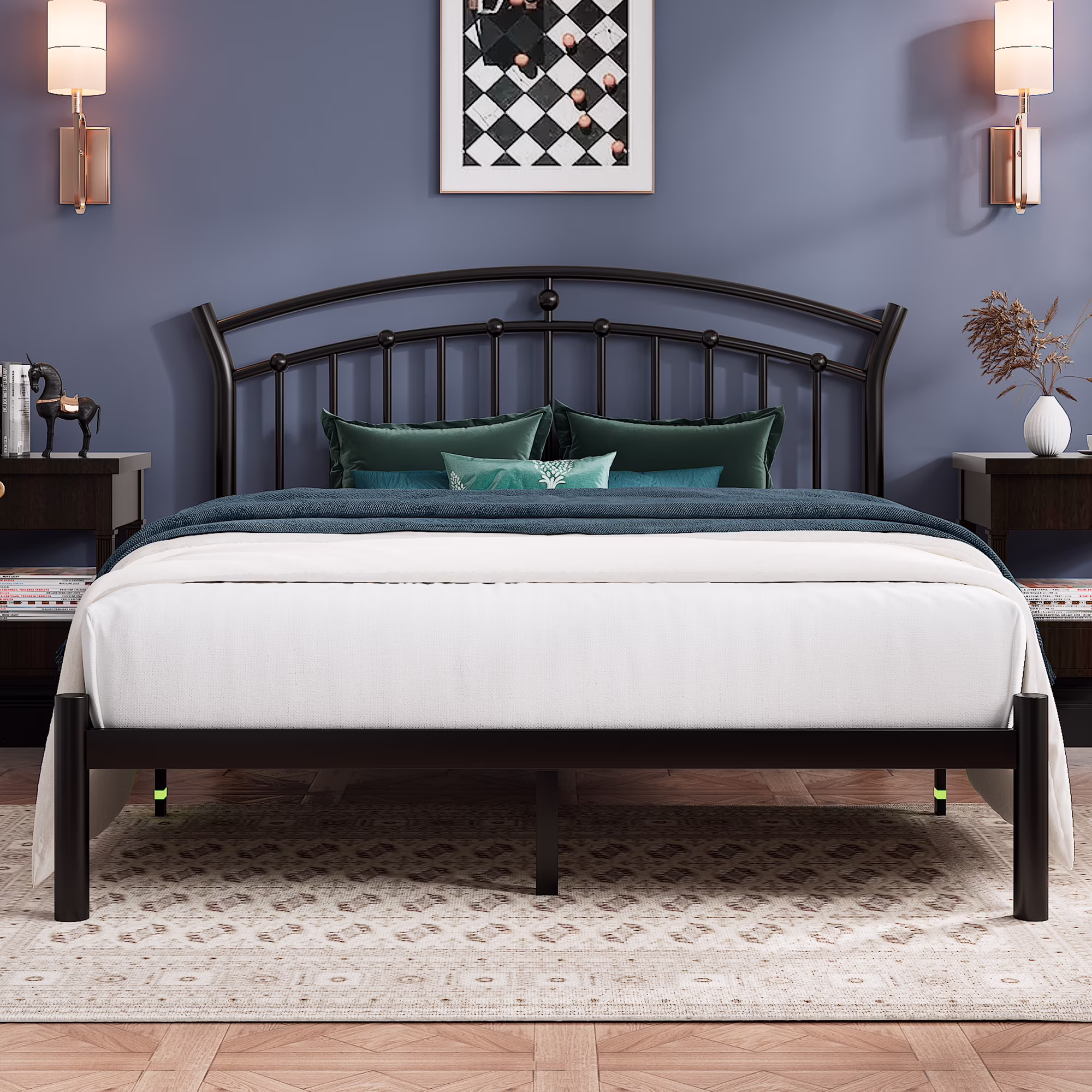 Virans Full Size Metal Platform Bed With Victorian Style Headboard, Heavy Duty Steel Slat Support, 12"Under Bed Storage,Easy Assembly, Black