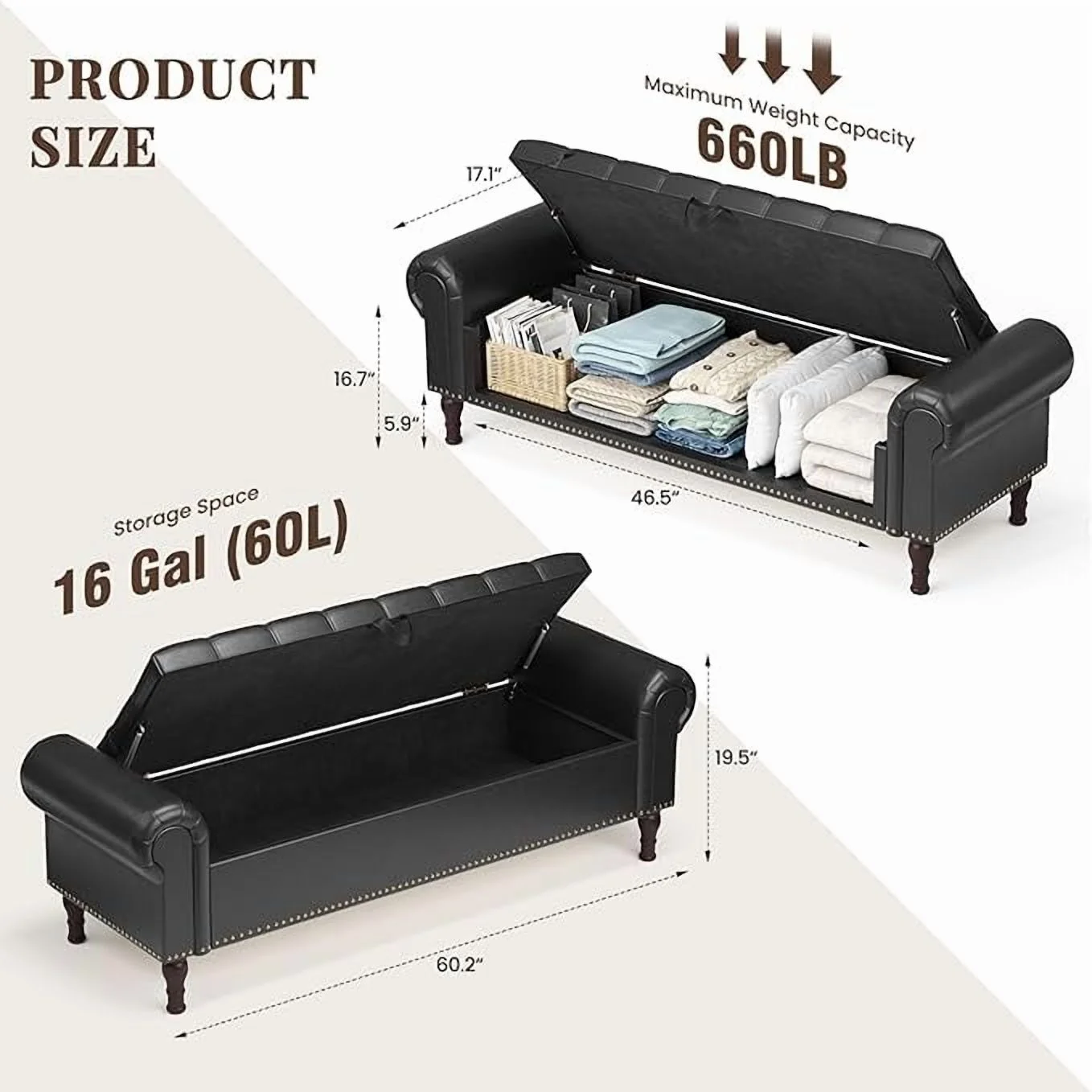 Gelloan Storage Ottoman Bench for Bedroom,Upholstered Bedroom Bench with Rolled Arms and Rivets, Storage Chest for Living Room,Grey,51 Inches