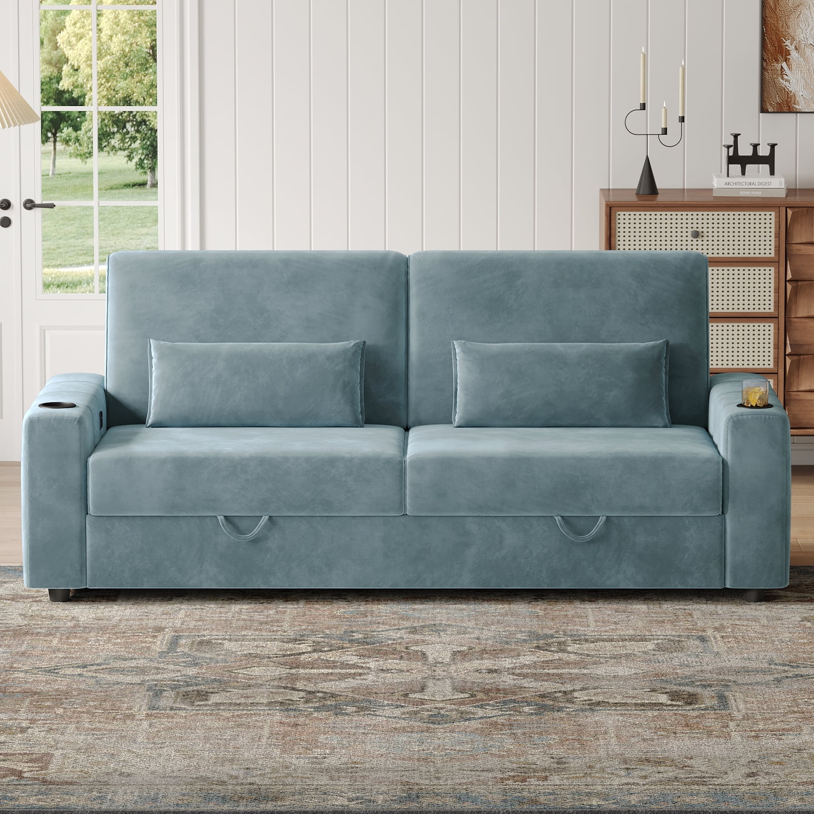 87-Large Loveseat Sofa, 3 Seater Couch with Storage, Velvet Fabric Deep Seat Sofa with Pillow& Cup Holders, Modern Comfy Sofa with USB& Type-C Ports, Home Sofa Couch for Living Room Bedroom