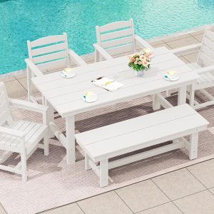 SERWALL 7-Piece Patio Table Set, Outdoor HDPE Dining Furniture with Umbrella Hole, All Weather Table and Chairs for Lawn, Garden, Poolside, Aruba