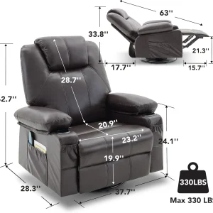 Oversized Swivel Rocker Recliner Chair with Heat and Massage, 360 Degree Swivel Rocking Single Sofa with Cup Holders and USB Port, Large Big Recliner Chair for Living Room (Leather, Brown)