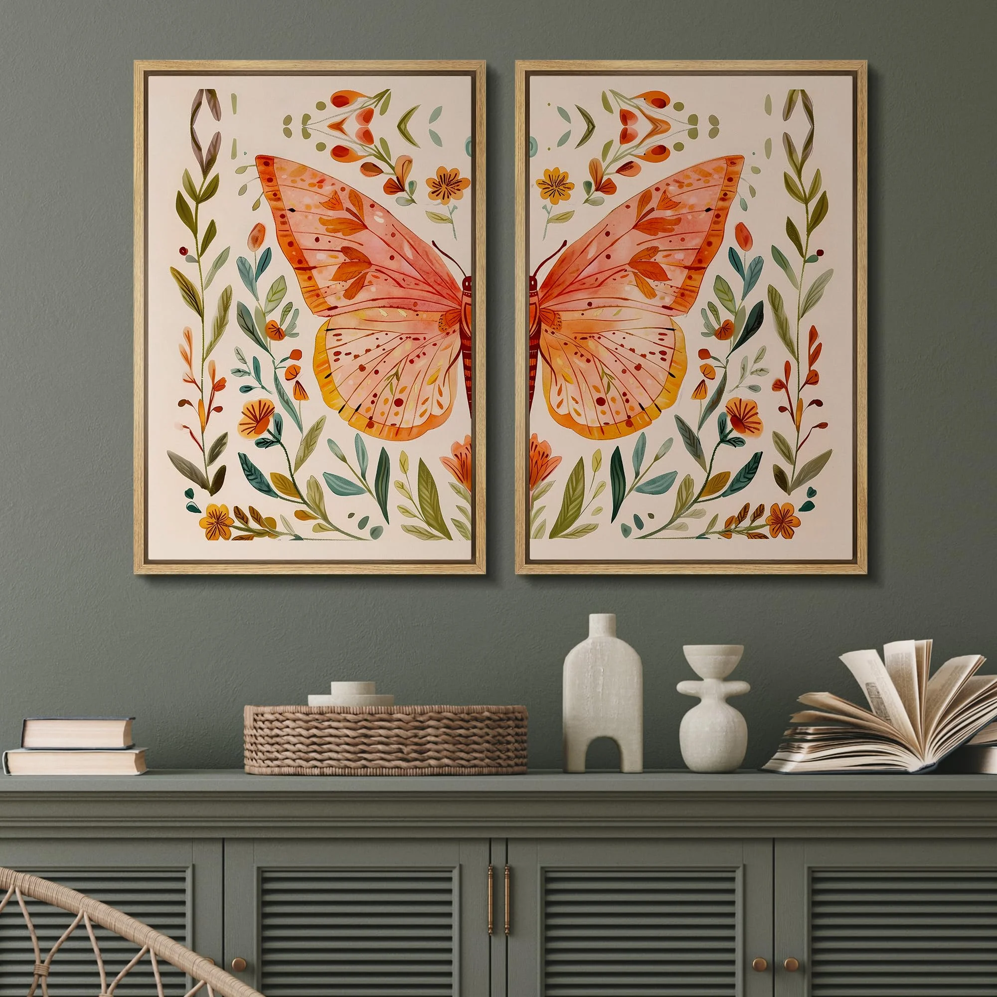 IDEA4WALL Framed Canvas Print Wall Art Set Whimsical Butterfly and Florals Illustration Abstract Botanical Boho Modern Art Wall Decor Colorful Chic Artwork for Home Decor - Natural 24"x36"x2