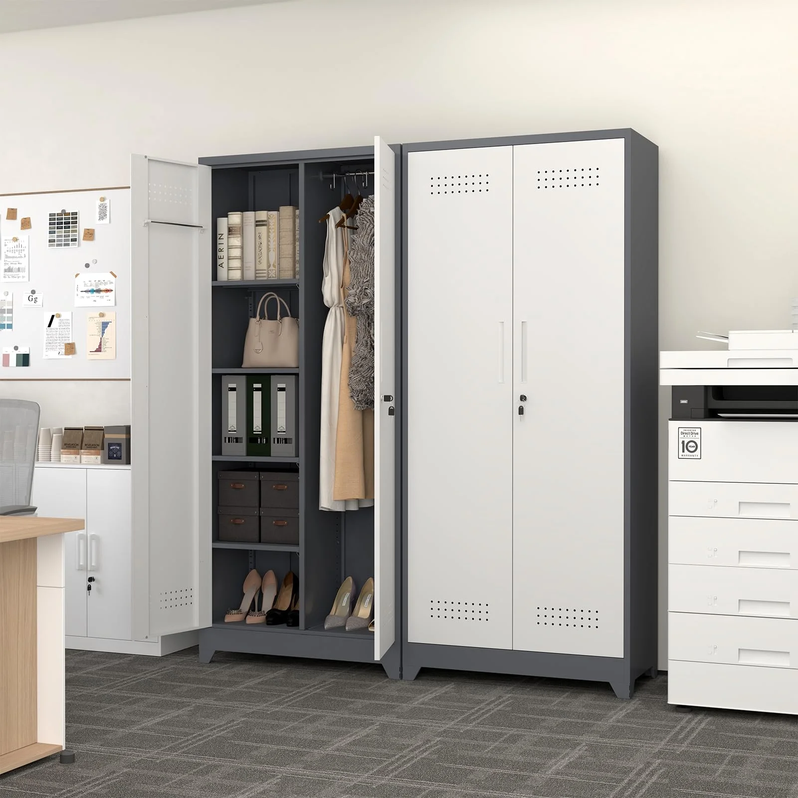 Marcree Broom Closet with Locking Doors,72.8-H Cleaning Tool Storage Cabinet with Hanging Rod & Hooks,Heavy-Duty Tool Garage Storage Cabinet for Utility Room,Grey