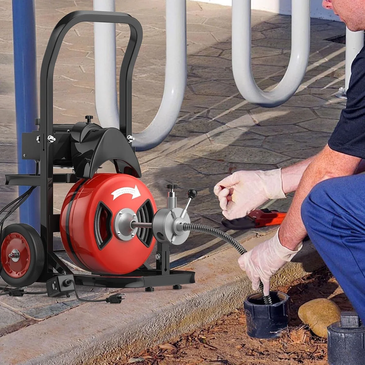 Kselythan 75 FTx1/2 Inch Drain Cleaning Machine, Auto Feed Sewer Snake Drill with Wheels, Pipe Spiral Cleaner with 4 Cutters and Pneumatic Foot Switch, for 2" to 4" Pipes