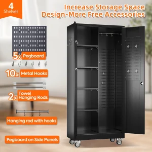 GangMei 71-Inch Metal Lockable Storage Cabinet with Pegboards and 5 adjustable shelves, White, Assembly Required