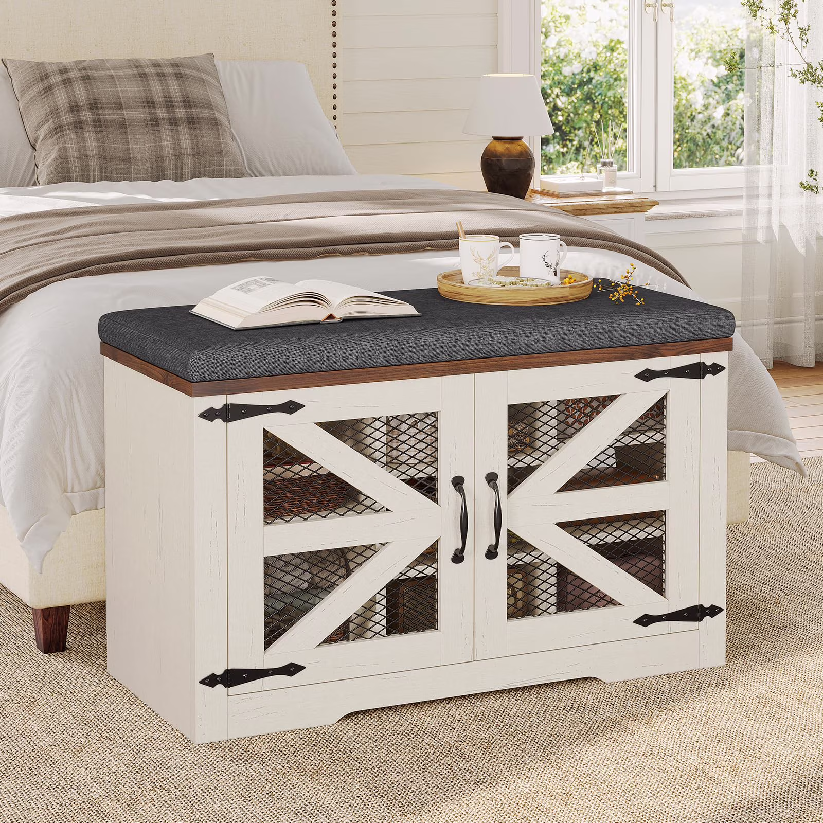 Farmhouse Storage Bench with Cushion, 31.4in Shoe Cabinet with Metal Barn Door and Half Hidden Storage Space for Entryway, Bedroom, Living Room, Old White