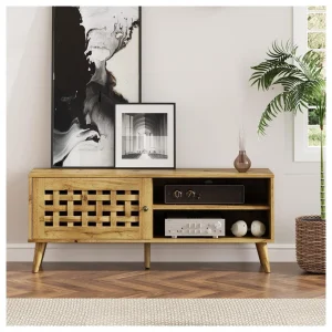 Rattan TV Stand, Fluted TV Stand with Storage, 47 inch Rattan Entertainment Center, Media Console Cabinet for Living Room, Bedroom 47'' -1 Door