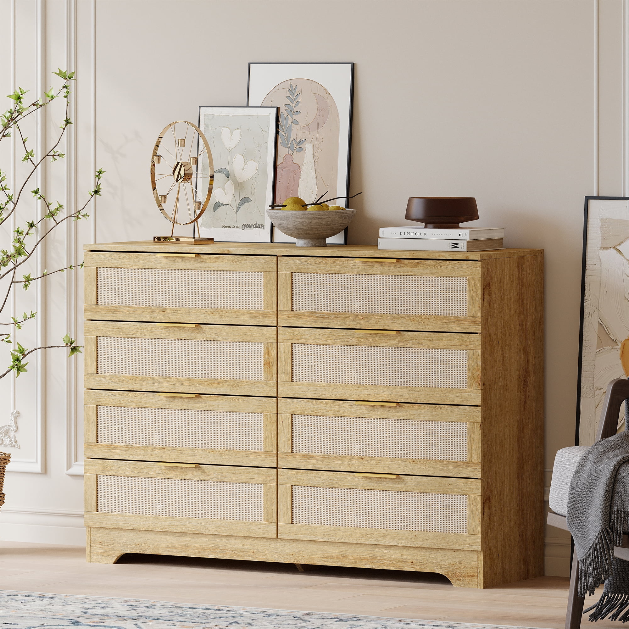 LAZZO 3 Modern Drawer Dresser Rattan, Wooden Dresser Chest of Large Storage Cabinet