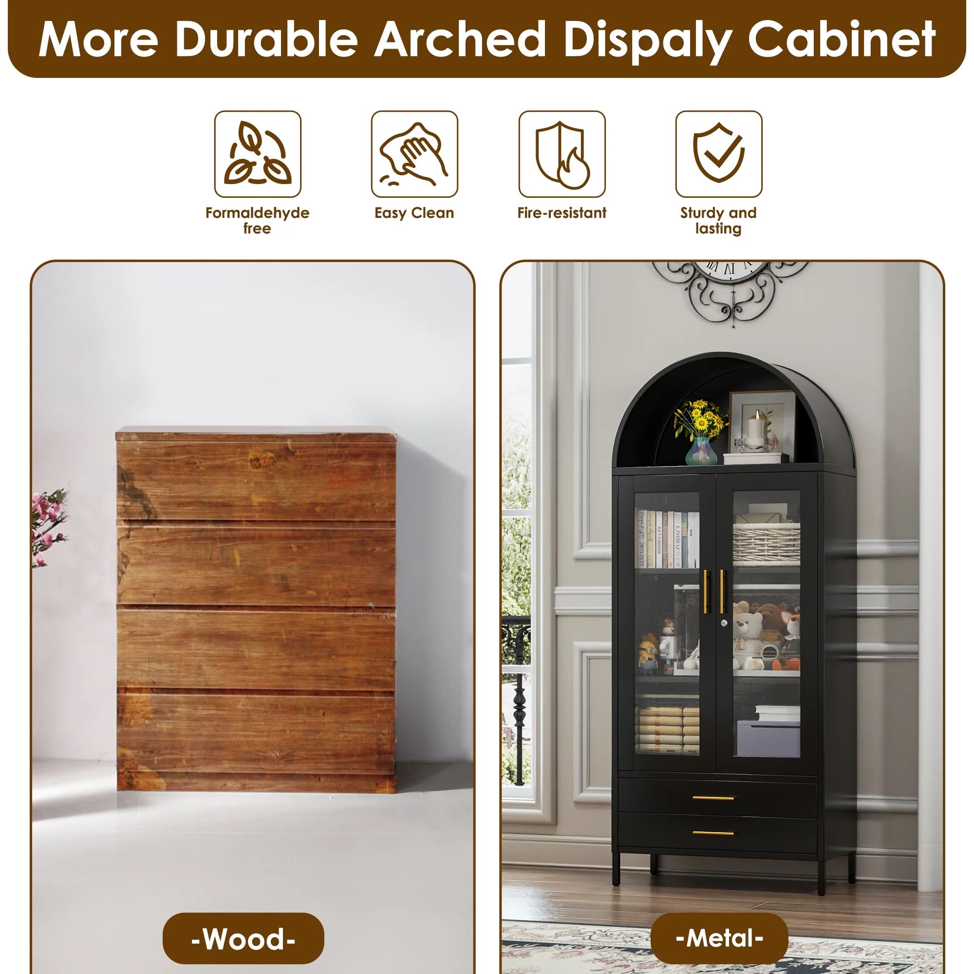 SUXXAN Metal Arched Storage Display Lockable Cabinets with Glass Doors and Adjustable Shelves, Assembly Required, Black