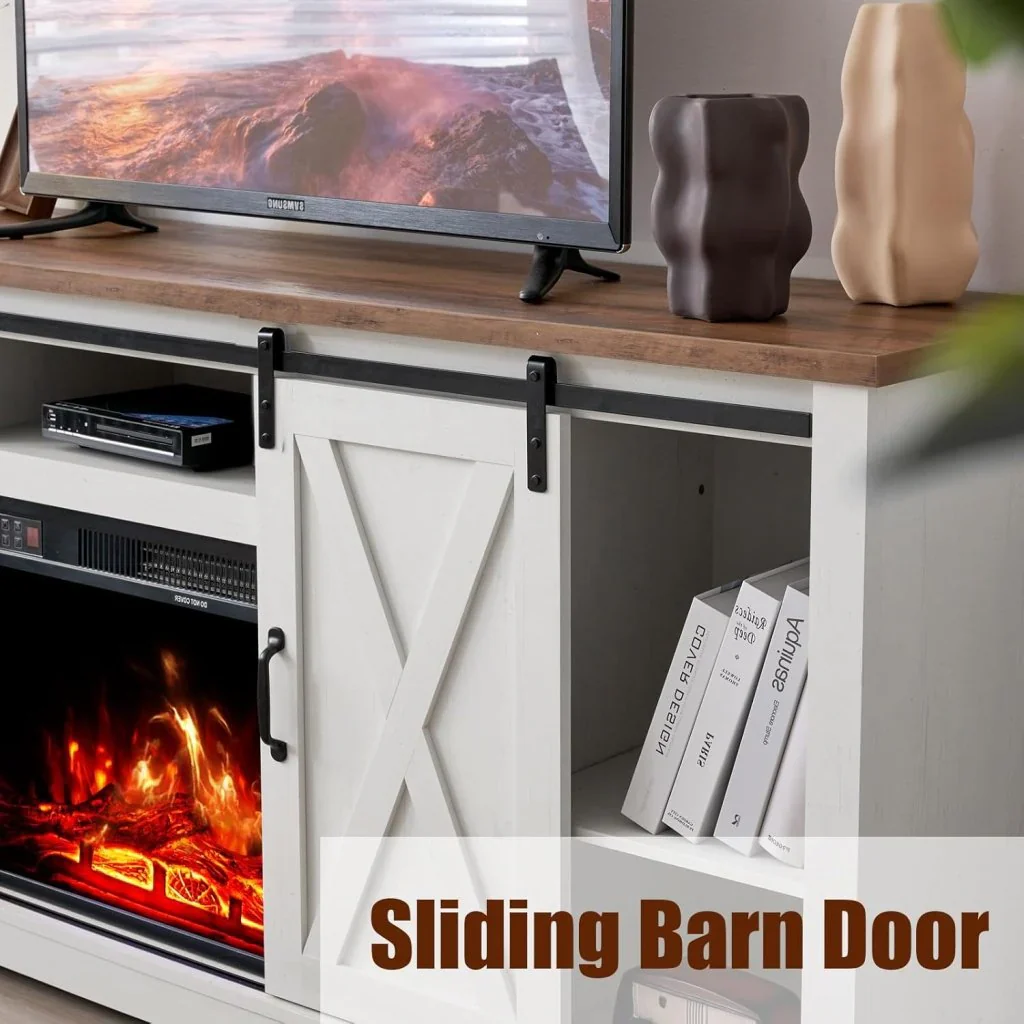 AMERLIFE Fireplace TV Stand with Sliding Barn Door for TVs up to 73", Farmhouse 63" Fireplace Entertainment Center with Storage Cabinets/Adjustable Shelves