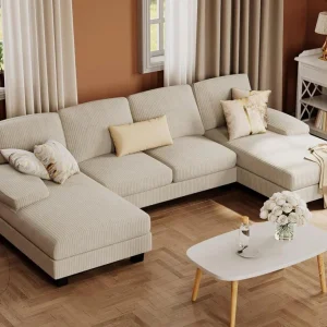 Furmax Sectional Couches for Living Room, U-Shaped Sofa Couch with Linen Fabric, 4 Seat Sofa Set with Double Chaise for Apartment (Fabric, Grey)