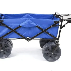 All Terrain Beach Wagon with Side Table|Heavy Duty Collapsible Folding Cart with Large Wheels for Beach Day, Picnic, Camping, Outdoor Activities | Blue/White