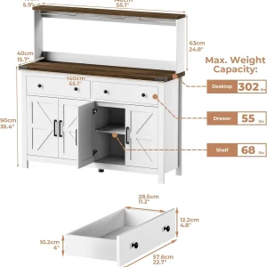 Frmobepts Farmhouse Coffee Bar Cabinet, 60" Tall Bar Cabinet with Drawers & Power Outlet, Sideboard Buffet Cabinet with Storage Barn Door for Kitchen, Dining Room