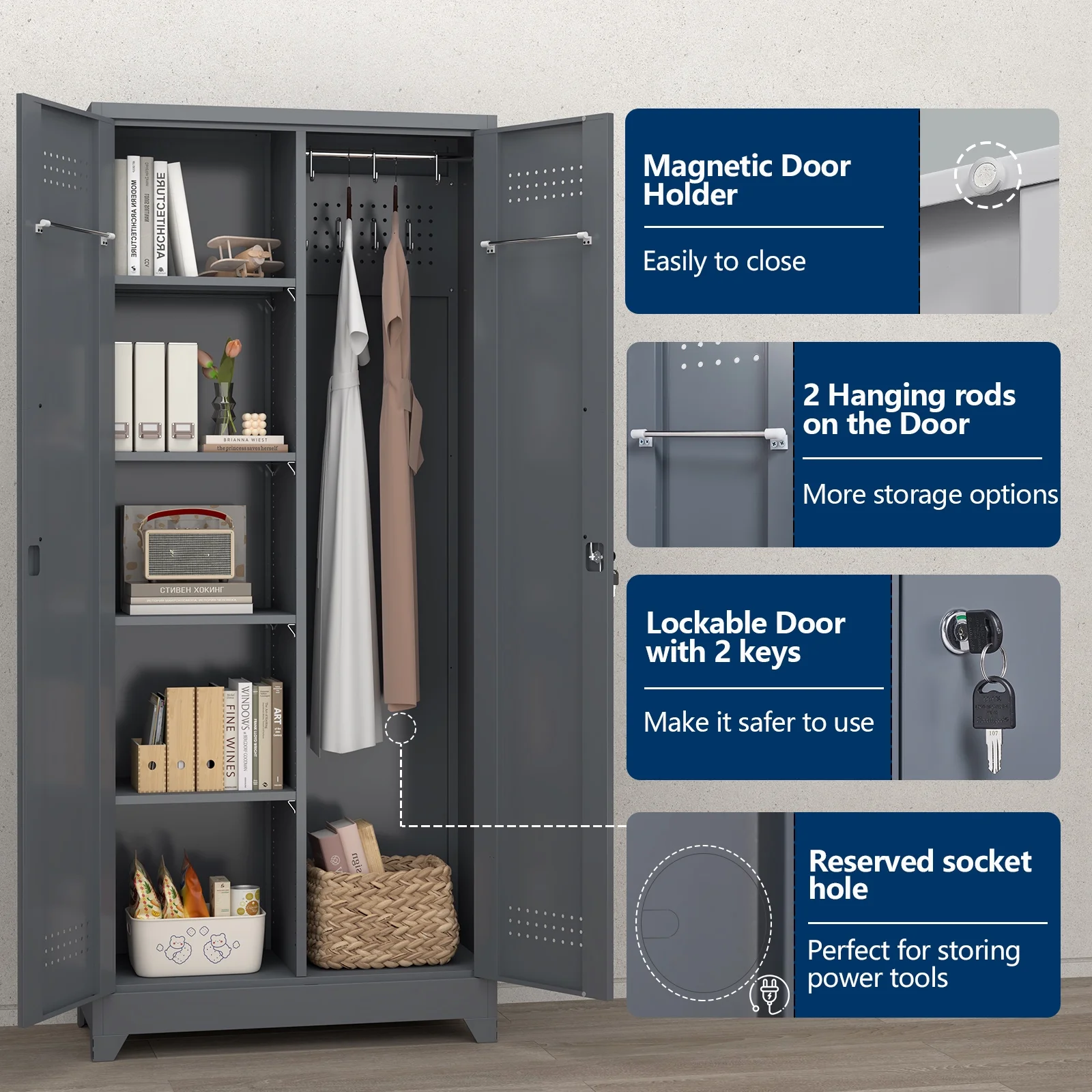 Marcree Broom Closet with Locking Doors,72.8-H Cleaning Tool Storage Cabinet with Hanging Rod & Hooks,Heavy-Duty Tool Garage Storage Cabinet for Utility Room,Grey