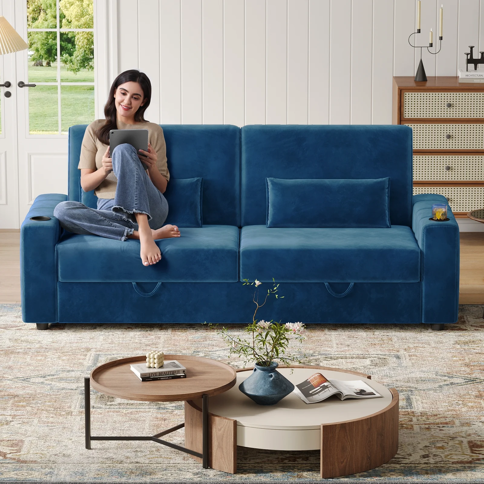 87-Large Loveseat Sofa, 3 Seater Couch with Storage, Velvet Fabric Deep Seat Sofa with Pillow& Cup Holders, Modern Comfy Sofa with USB& Type-C Ports, Home Sofa Couch for Living Room Bedroom
