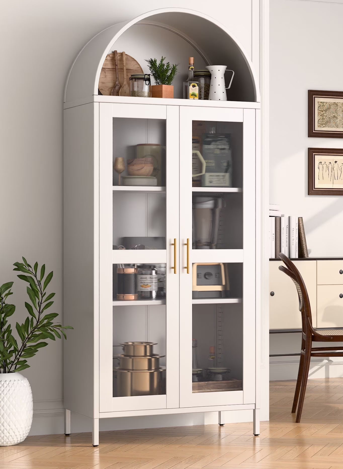 SUXXAN Metal Arched Storage Display Lockable Cabinets with Glass Doors and Adjustable Shelves, Assembly Required, Black