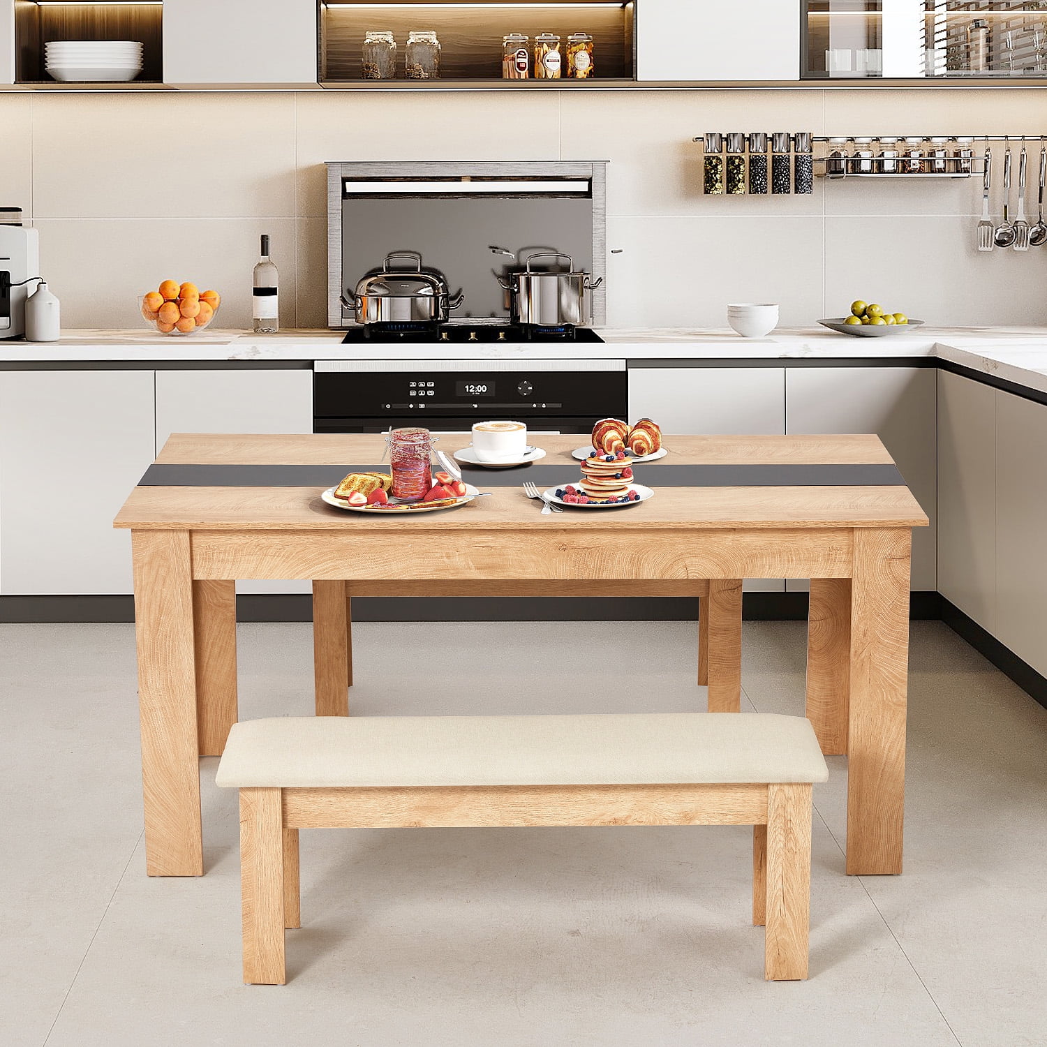 AVAWING 44" Dining Room Bench Set of 2, Wood & Linen Fabric Kitchen Benches, Beige & Natural