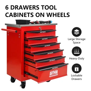 Tool Cabinets 4 Drawers Multifunctional Tool Cart with Wheels,Metal Rolling Tool Cart Storage for Garage Workshop Warehouse Repair Shop--With Stainless Steel Roof- Red&Black,Garage Tool Cabinets