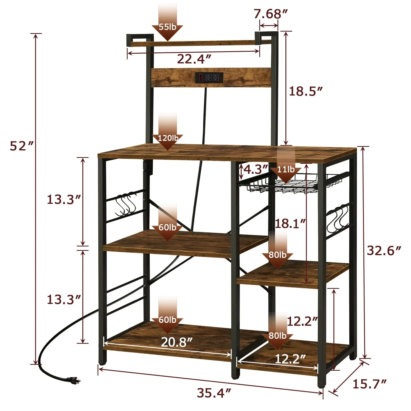 SUPERJARE Bakers Rack with Power Outlet, Microwave Stand, Coffee Bar with Wire Basket, Wood Kitchen Storage Rack with 6 S-Hooks, Kitchen Shelves for Spices, Pots and Pans, Vintage Brown