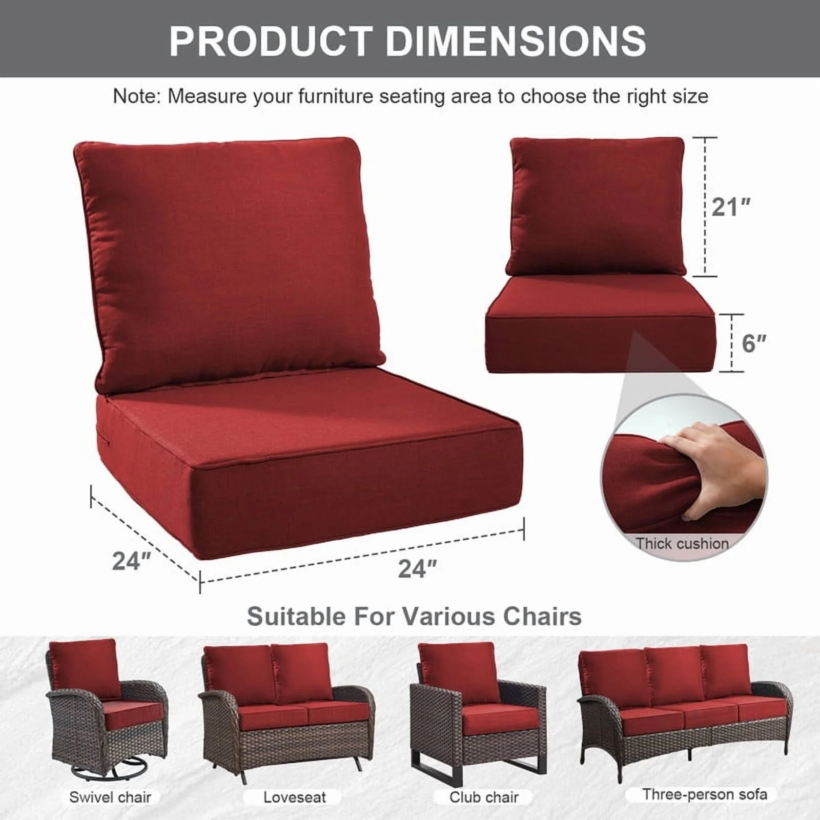 Bellefurn Outdoor Deep Seat Cushion 24 X 24 X 6 inch for Patio Furniture,Outdoor Chair Cushions Waterproof & Fade Resistant Patio Furniture Cushions for Wicker Chair, Sofa, Couch