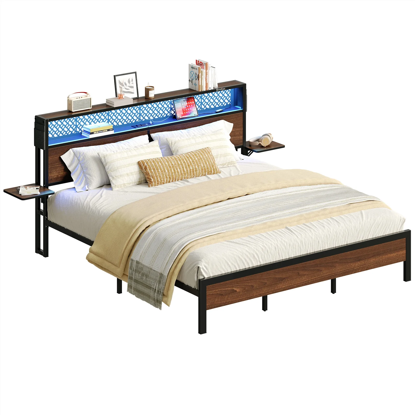 Bestier Queen Size Platform Bed Frame with Wood Foldable Bedside Shelves and LED Storage Headboard Charge Station, Gray