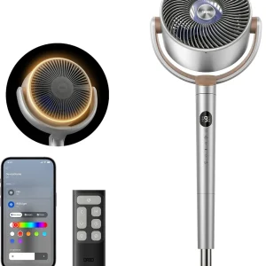 DREO Smart Fan for Bedroom, 120° +120° Omni-Directional Oscillating Fans, 100ft Quiet Pedestal Fan with RGB Light, 9 Speeds, 6 Modes, 20dB, 8H Timer, Wi-Fi/Voice/Alexa, 37-42" Floor Fans with Remote