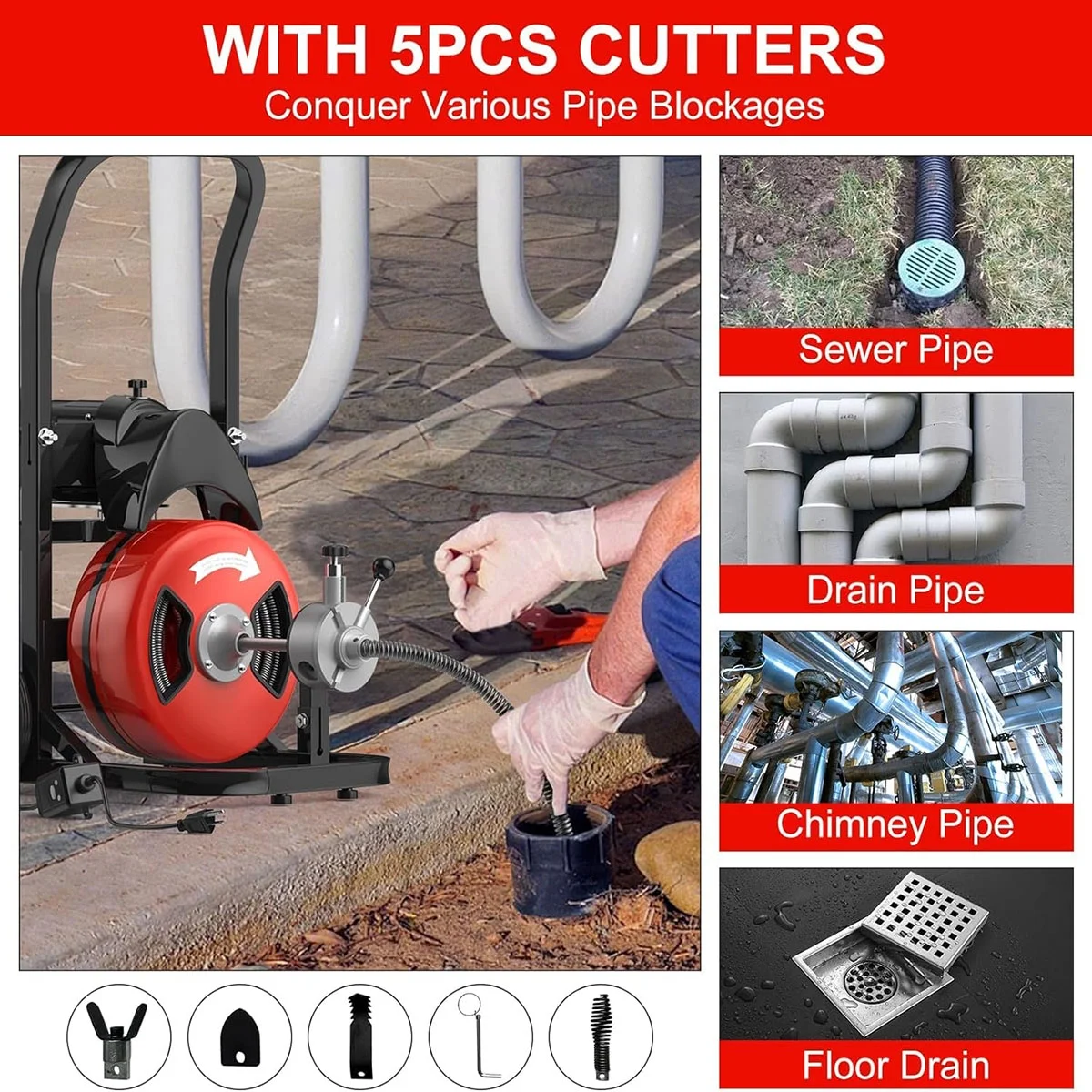 Kselythan 75 FTx1/2 Inch Drain Cleaning Machine, Auto Feed Sewer Snake Drill with Wheels, Pipe Spiral Cleaner with 4 Cutters and Pneumatic Foot Switch, for 2" to 4" Pipes