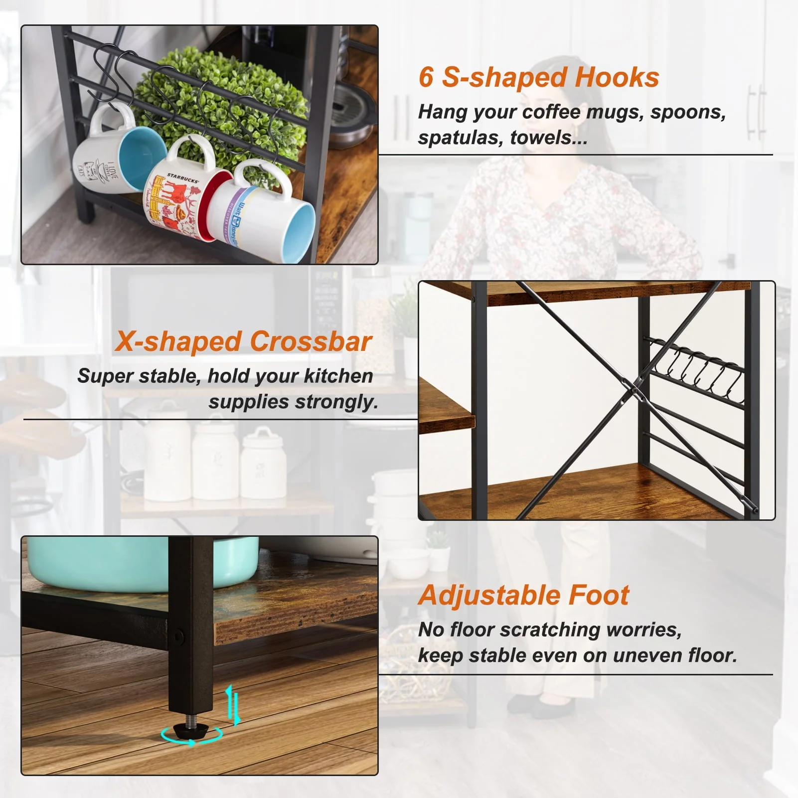 SUPERJARE Kitchen Bakers Rack with Power Outlet, Coffee Bar Table Station, Microwave Stand with 6 S-Shaped Hooks, Wire Basket, Kitchen Storage Shelf Rack, Rustic Brown