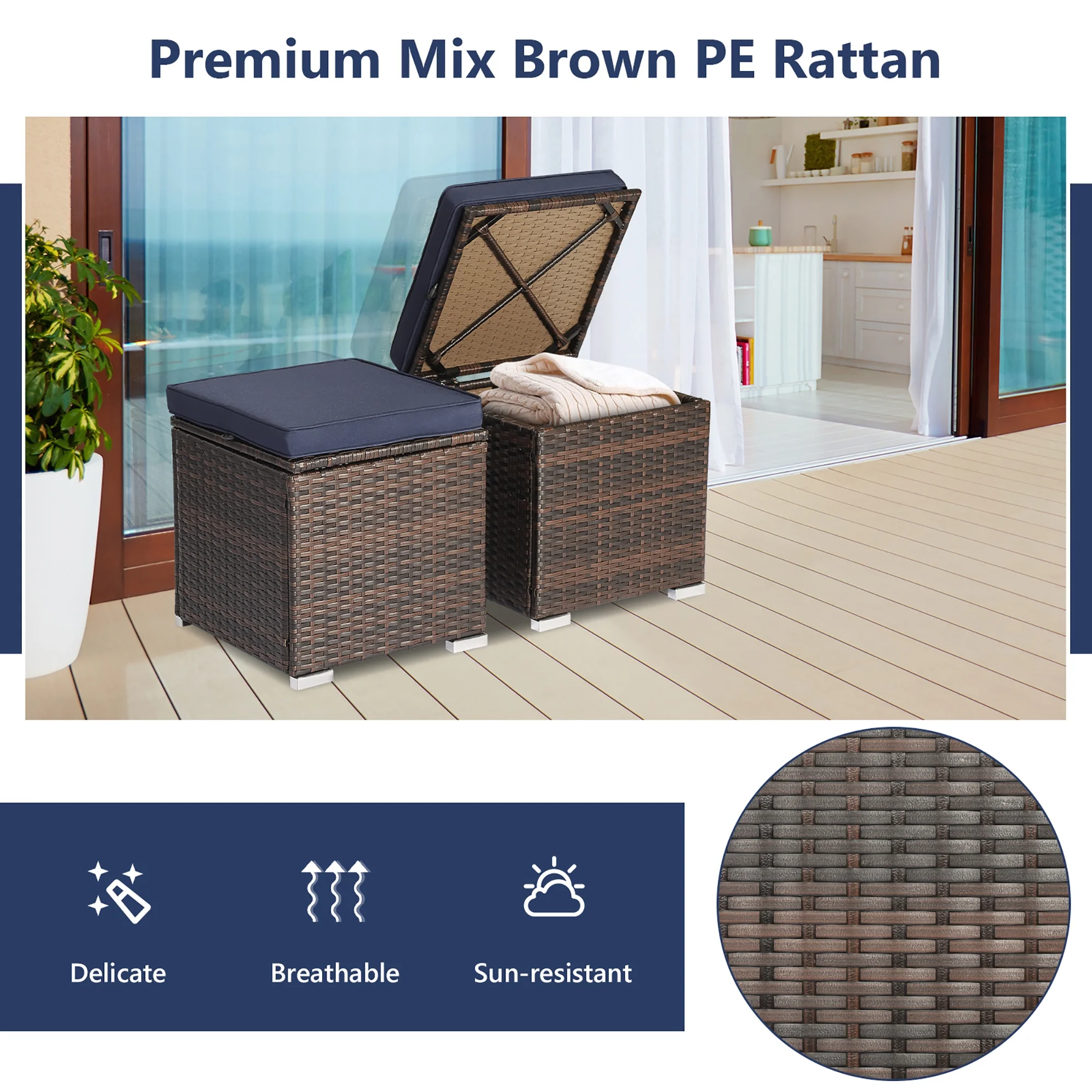 Costway 2PC Patio Rattan Ottoman Seat Side Table Storage Box Footrest Off White