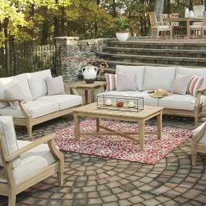 Signature Design by Ashley Clare View Coastal Outdoor Patio Eucalyptus Sofa with Cushions, Beige