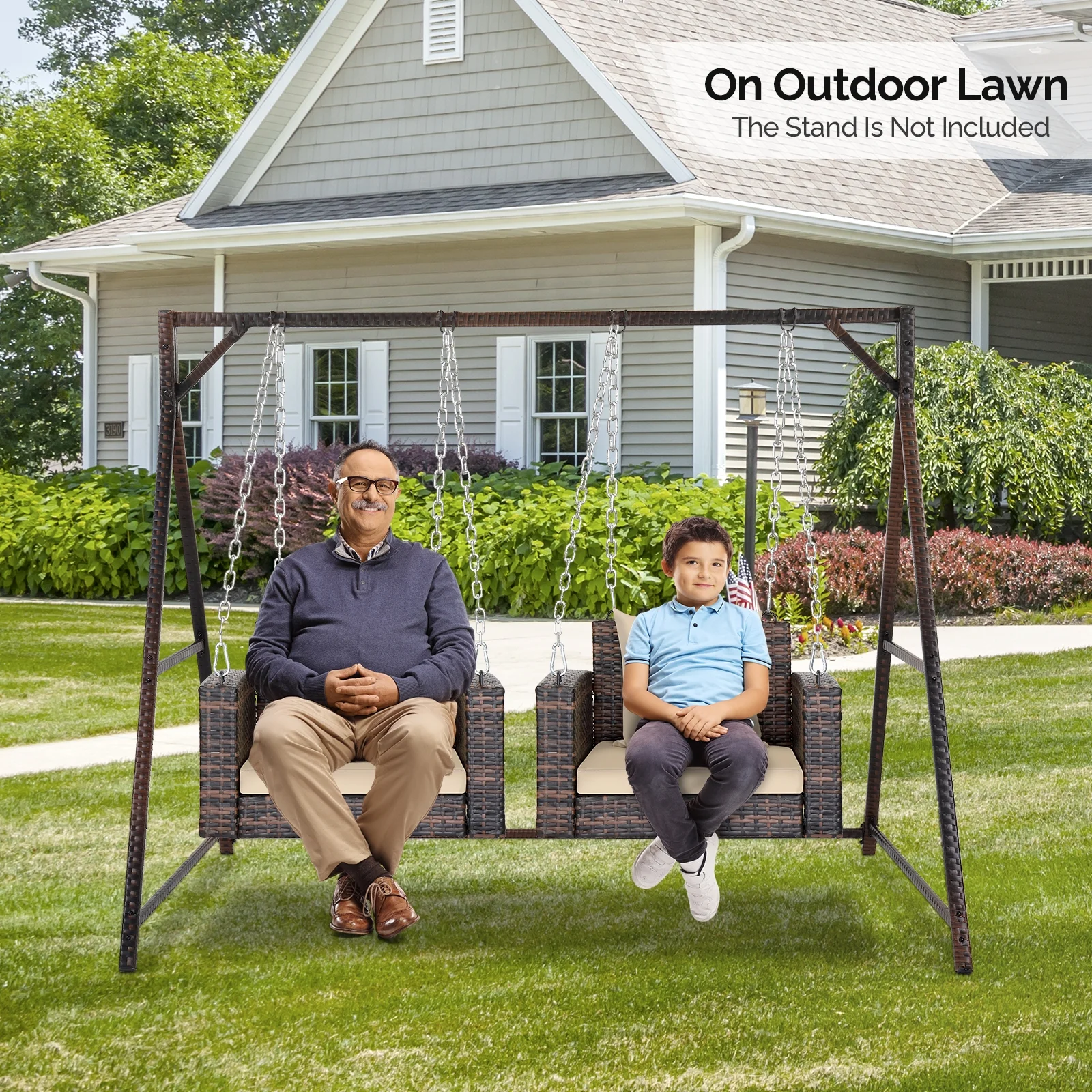 Zimtown Patio Rattn Wicker Swing, Outdoor Bench w/ Blue Cushion, Outdoor Seat Garden Swing for 2 Person