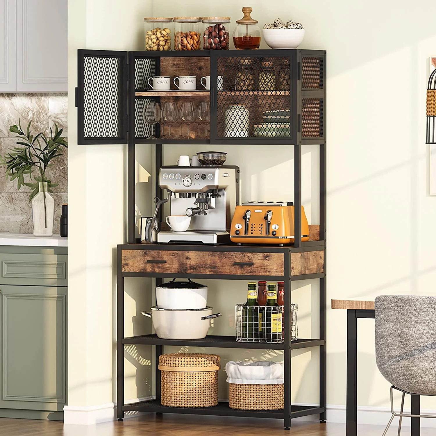 Tribesigns Kitchen Bakers Rack, Microwave Oven Stand with Storage Shelves Cabinet and Drawer, Bakers Racks for Kitchens with Storage Hutch, Kitchen Storage Shelf Organizer Rack for Dinning Room