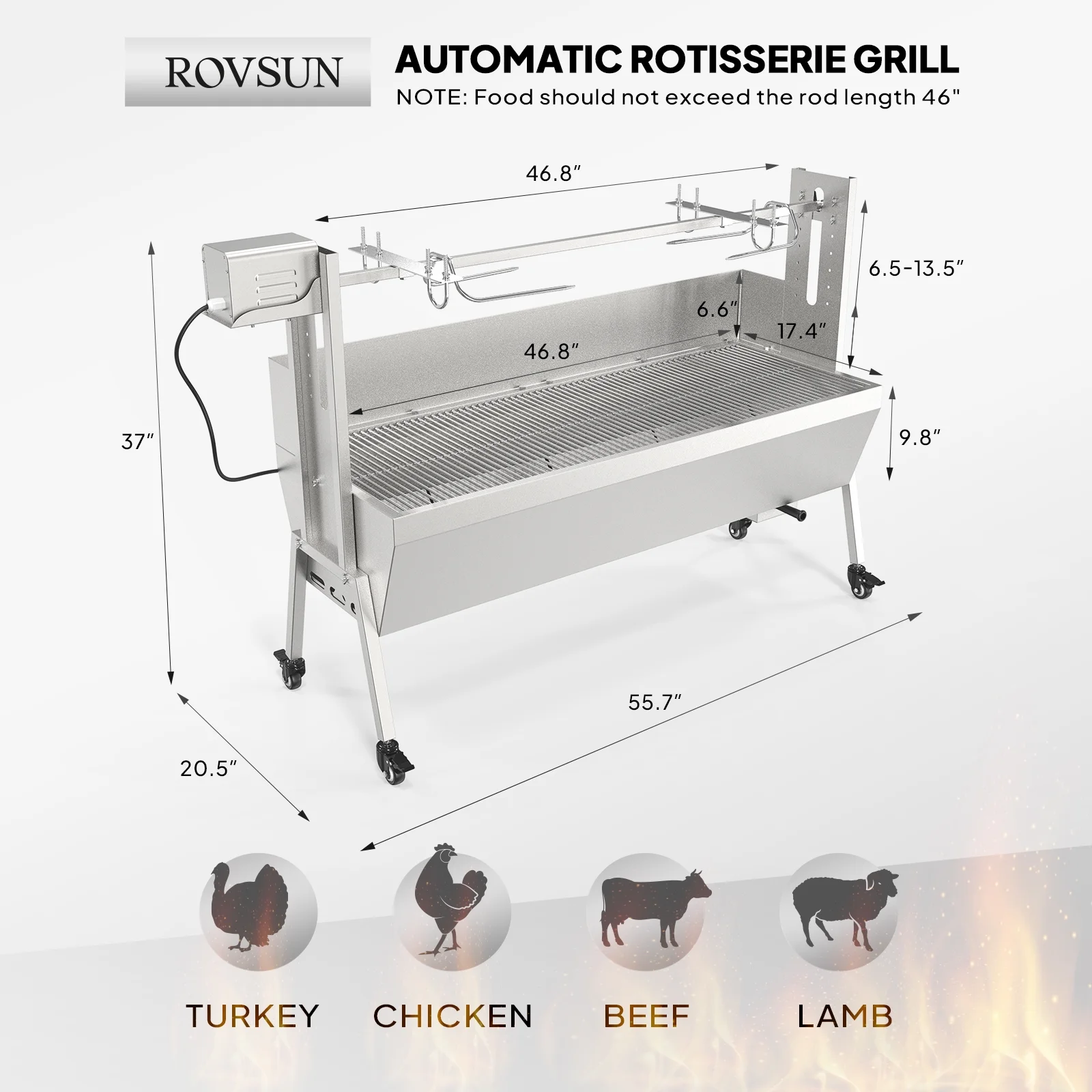 RovSun 46 Electric Rotisserie Grill 176 lbs Capacity 25w Pig Lamb Spit Roaster Rotisserie w/Lockable Wheels Wind Baffle with Adjustable Height