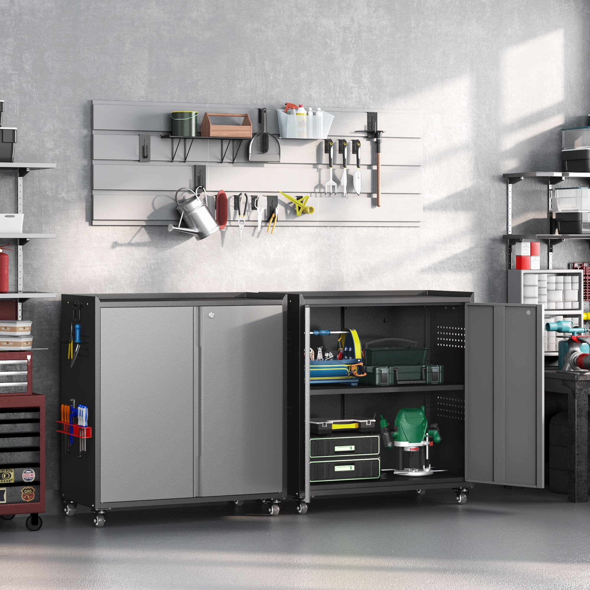 Firstsky Metal Garage Storage Cabinet with Wheels, Adjustable Rolling Tool Storage Cabinet with Lock, 34" Steel Locking Tool Cabinet with Doors and Shelves-Black&Gray, 34.3" H-