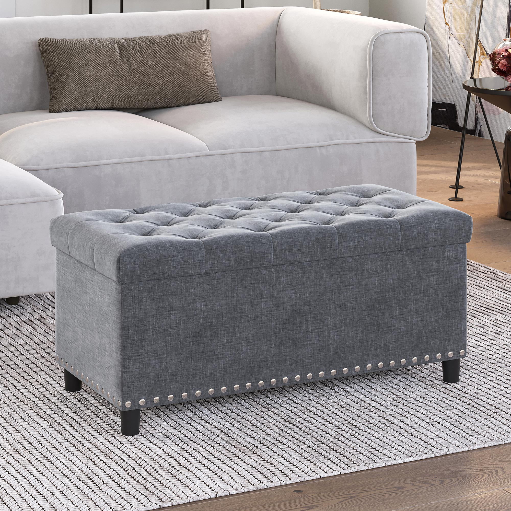 BELLEZE 35 Inch Storage Ottoman, Button-Tufted Ottoman Linen Storage Bench with Safety Close Hinge, Ottoman with Storage for Living Room, Entryway, Hallway, Foot Rest, Support 300lbs - Dark Grey