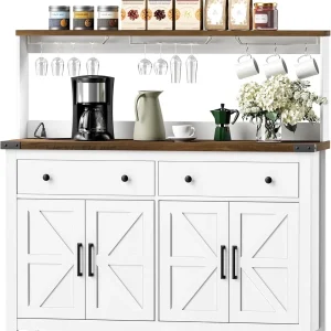 Frmobepts Farmhouse Coffee Bar Cabinet, 60" Tall Bar Cabinet with Drawers & Power Outlet, Sideboard Buffet Cabinet with Storage Barn Door for Kitchen, Dining Room