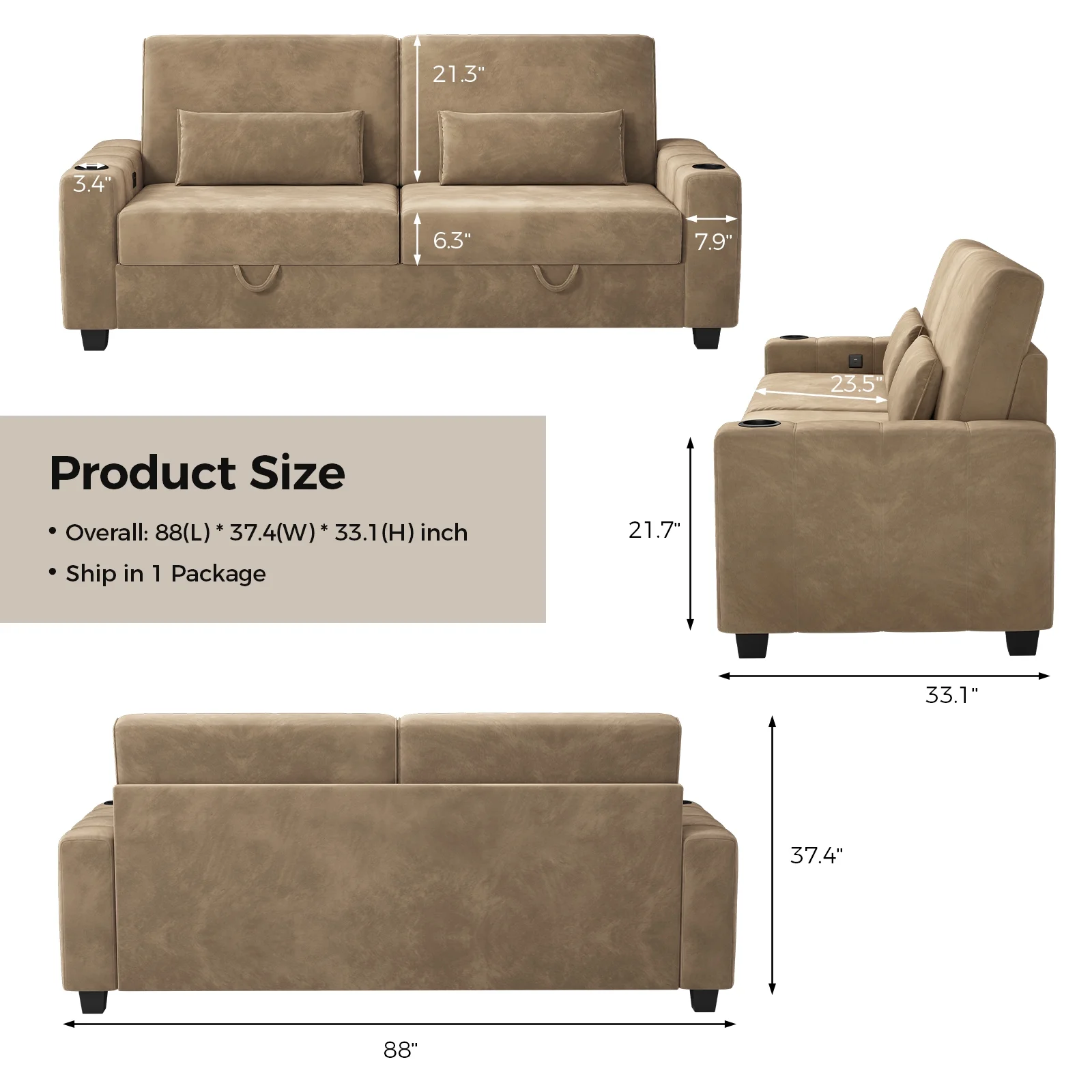 87-Large Loveseat Sofa, 3 Seater Couch with Storage, Velvet Fabric Deep Seat Sofa with Pillow& Cup Holders, Modern Comfy Sofa with USB& Type-C Ports, Home Sofa Couch for Living Room Bedroom