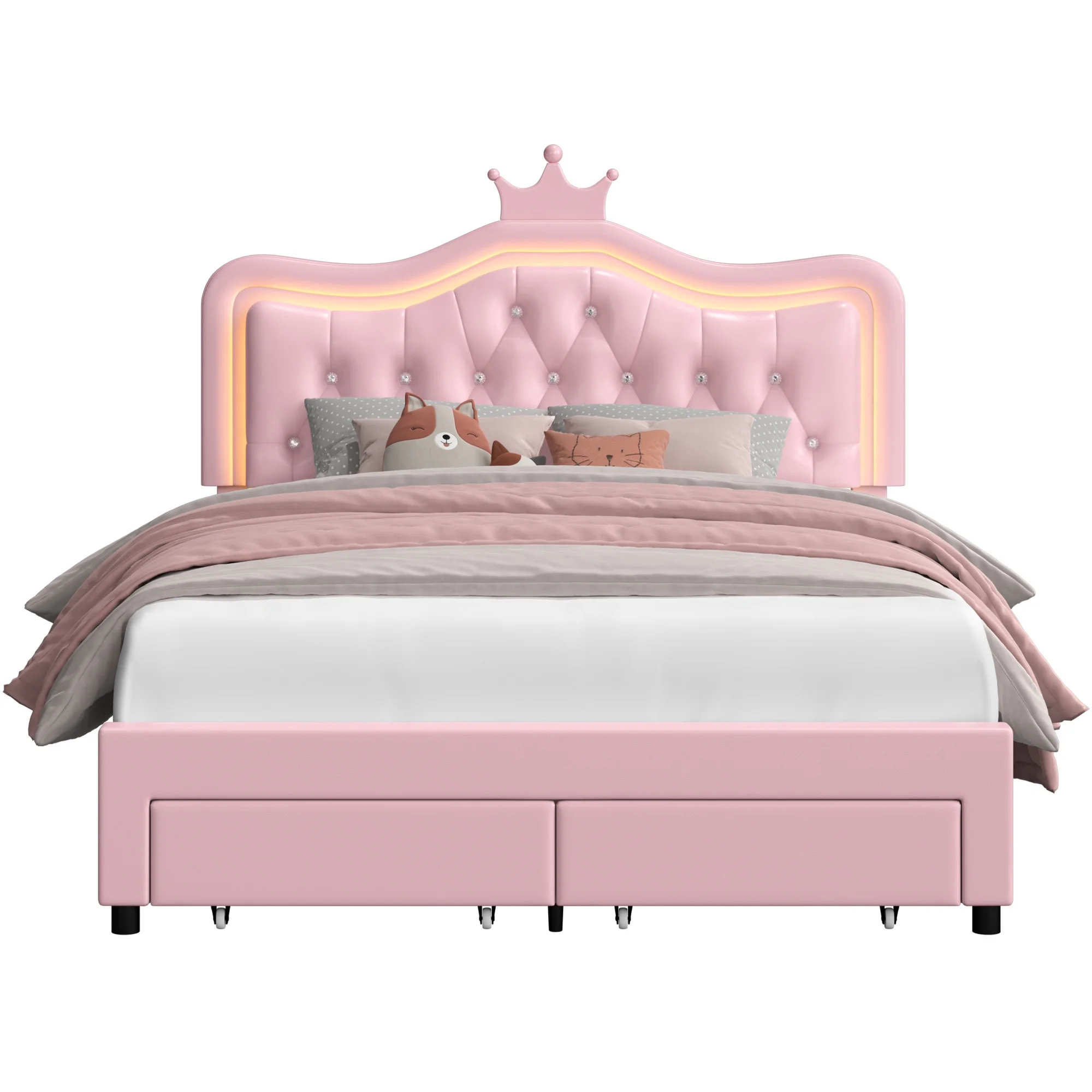 Homfa Full Size Bed, LED Upholstered Bed with Adjustable Crystal Button Tufted Crown Headboard, Soft PU Princess Platform Bed with Storage Drawers, Pink
